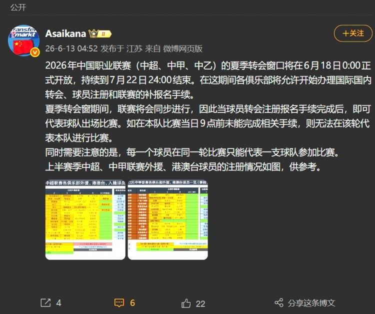 夏窗6月18日0时开启 手续完成即出战 同日9点截止注册