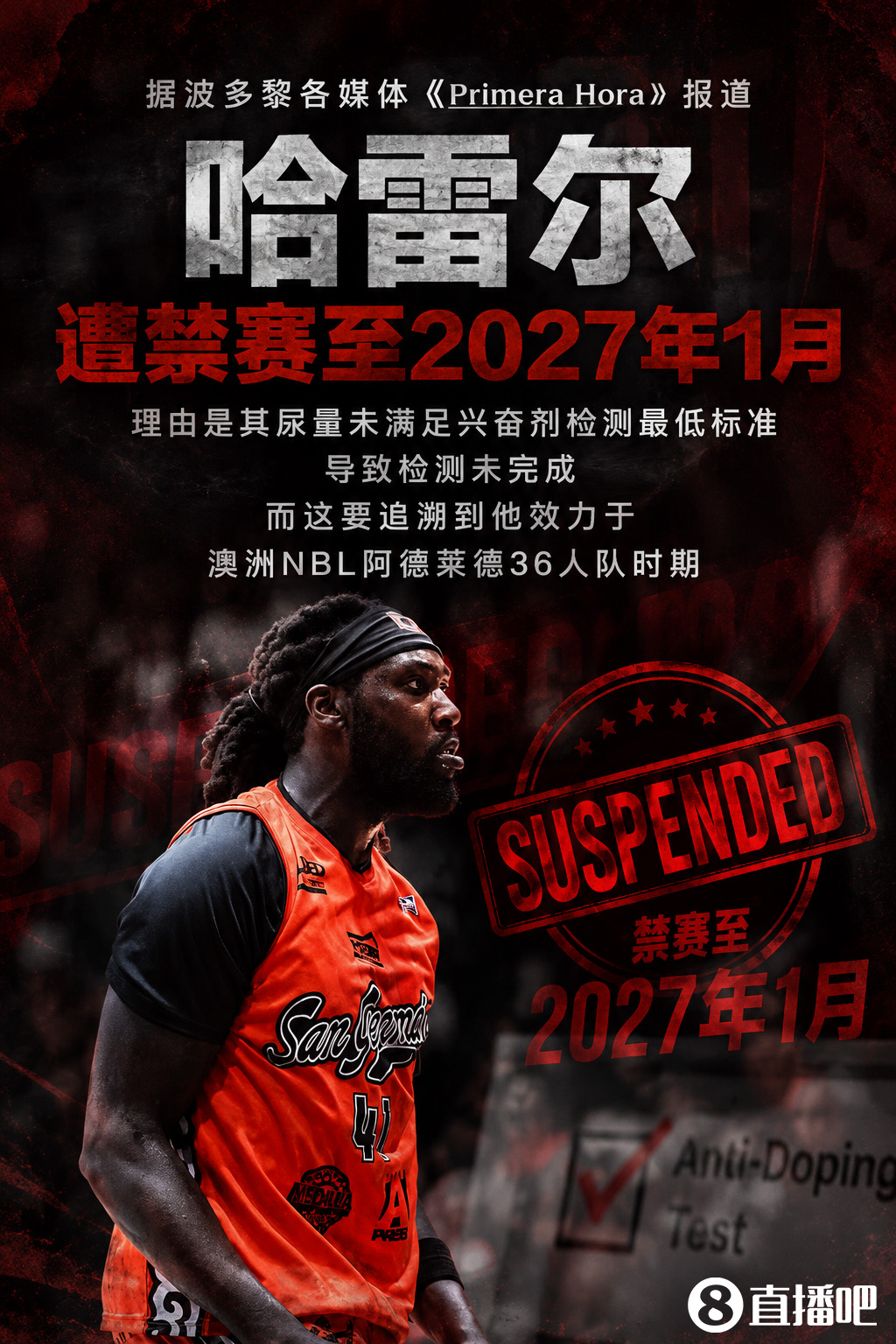 尿量不达标!哈雷尔药检未完成被禁赛至2027年1月 尿量不达标!哈雷尔药检未完成被禁赛至2027年1月